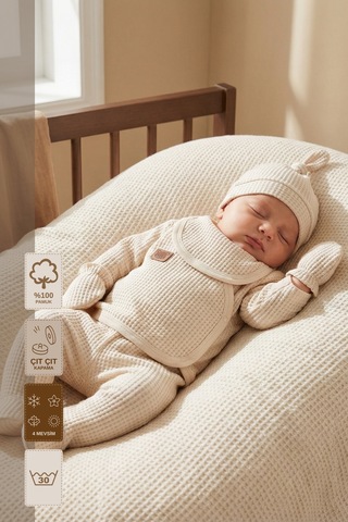 Minory Baby - %100 Pamuk 5'li Hastane Çıkışı Seti Yenidoğan 5'li Set Waffle Kumaş Battaniyesiz Bej Bej