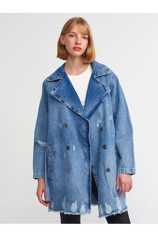 65336 Metal Düğmeli Denim Trençkot-mavi-977 Mavi
