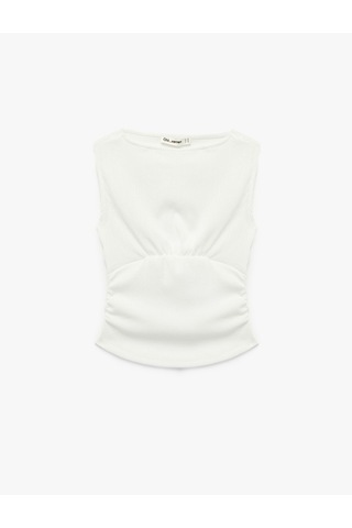 Koton Büzgülü Kayık Yaka Slim Fit Bürümcük Kolsuz Bluz Ekru 6sal30170ık