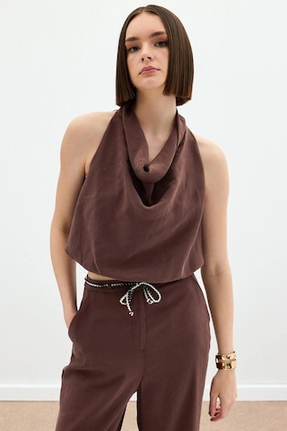 Sateen Degaje Yaka Bluz - Kahve Kahve