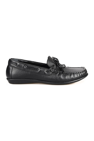 Siyah Deri Fiyonklu Kadın Loafer Ayakkabı-Siyah-38 Siyah