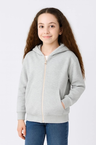 Kız Çocuk Kapüşonlu Kanguru Çepli Tam Fermuarlı Hırka Sweatshirt - Gri Çok Renkli