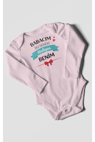 Morivokids Babacım Bu Seneki Hediyen Benim Uzun Kollu Bebek Body %100 Pamuk Bebe Pembe