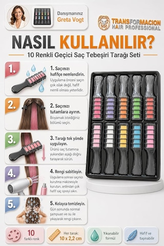 Transformacion 10 Renkli Geçici Saç Tebeşiri Tarağı Seti - Yıkanabilir Rengarenk Canlı Saç Boyası Tarağı Doğ