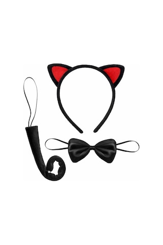 Kırmızı Kulaklı Kedi Kostüm Seti Taç Papyon Kuyruk 3 Parça 76510540