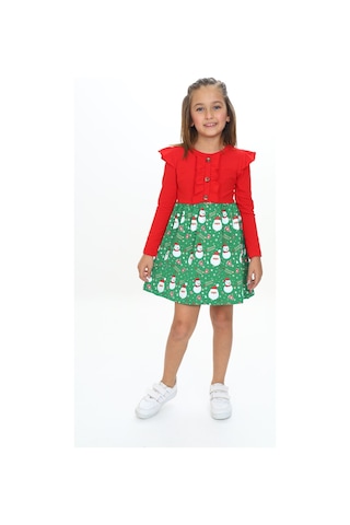 Toontoy Kız Çocuk Kol Fırfır Detaylı Düğmeli Kardan Adam Baskılı Elbise Kırmızı