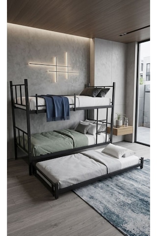 Yavrulu Ranza 90x190 Yatak Uyumlu 3 Kişilik Siyah Metal Ranza Karyola 60 x 120 CM