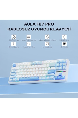 Aula F87 Pro Mekanik Rgb Tkl Graywood V3 Switch Kablosuz Makrolu Hot Swap Klavye Buz Mavi
