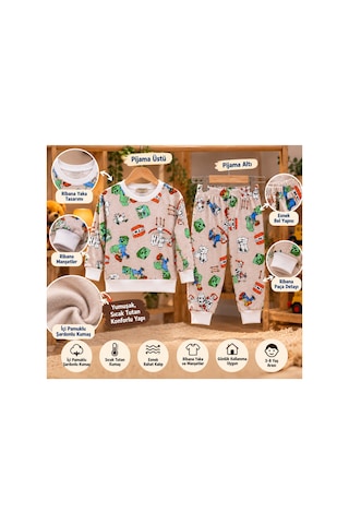 Üç Gül Ticaret Erkek Çocuk 3-8 Yaş Minecraft Desenli Pijama Takımı İçi Pamuklu Şardonlu Turuncu
