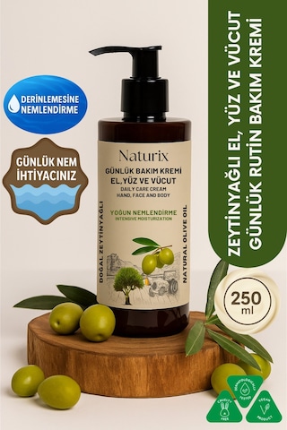 Naturix Zeytinyağlı Nemlendirici Krem 250 Ml El, Yüz & Vücut Losyonu Hassas Ciltler Için Besleyici