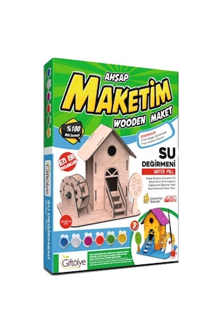 Maket Boyanabilir Su Değirmeni 3 Renk Boya Eğitici Oyuncak Ahşap Boyama Seti Ahşap Su Değirmeni