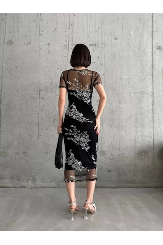 Kadın Baskılı Şifon Kimono Elbise - Siyah Siyah