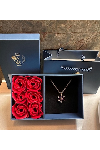 Kırmızı Gül Mücevher Kutusu & Lotus Kolye HEDİYELİ!