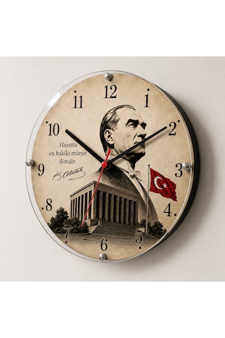 Atatürk Temalı Duvar Saati Türk Bayraklı Dekoratif Saat 5 Mm Mdf Kırılmaz Pleksi Camlı