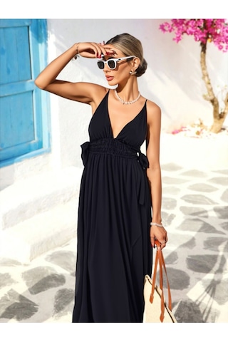 Fashion Cocktail İp Bağlama Askılı Yan Dekolteli Bağcık Fiyonk Pamuklu Maxi Uzun Tatil Beach Yazlık Elbise Siyah