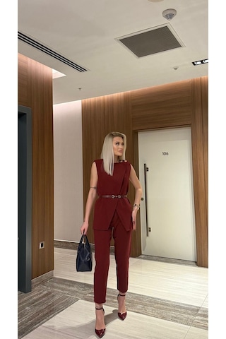 Modadua Bordo Kemerli Yelek & Pantolon Takım Ofis Ve Davet Şıklığı