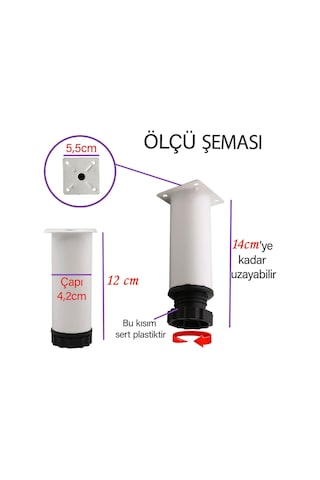 2 Adet Metal Ayarlanabilir 12 Cm Beyaz Destek Ayağı Mobilya Kanepe Baza Koltuk Dolap Sehpa Tv Ünitesi Ayağı