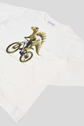 Erkek Çocuk Normal Kalıp Uzun Kollu Dinozor Baskılı T-shirt - Krem Kahverengi