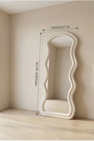 Ayaklı Kumaşlı Boy Aynası - Modern Dalgalı Tasarım Büyük Boy Ayna 182x87 Cm Bej