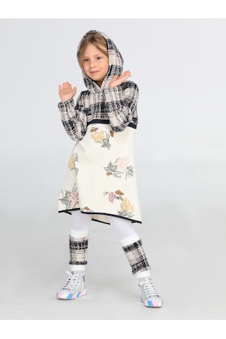 Ekose Baskılı Hoodie Kız Elbise + Tozluk Takım-gri Gri