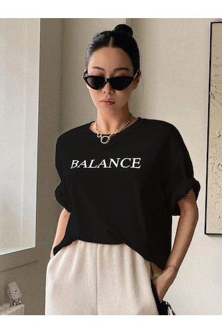 Kadın Siyah Oversize Balance Baskılı Örme T-shirt Siyah-58466