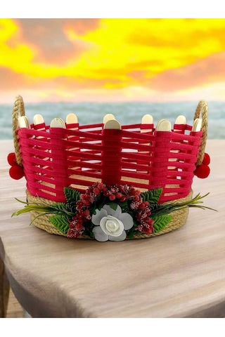 Hasır Sepet Çok Amaçlı Organizer Takı Kutusu Komodin Banyo Kullanımı Kırmızı