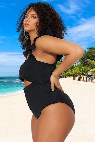 Ersefa Konforlu Plus Size Mayo Tasarım Büyük Beden Esnek Kumaş Plaj Ve H Siyah