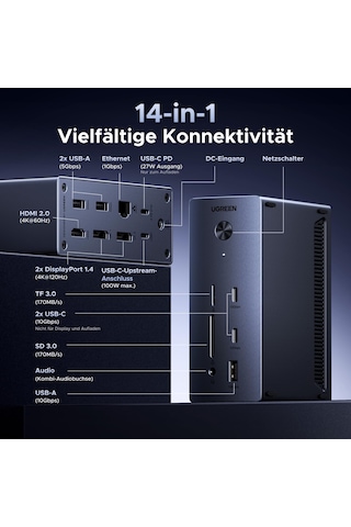 Ugreen Revodok Pro 2dp Ve Hdmı Yalnızca Windows Dizüstü Bilgisayarlar İçin 8k Dp/4k Hdmı, 100w Şarj, 27w Usb C, 10gbps Usb Bağlantı Noktaları, Gigabit Lan, Sd/tf İle Üçlü Ekran Yuvası