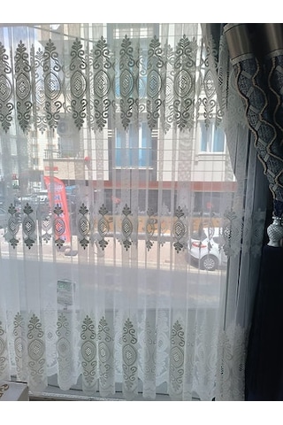 Raporlu, Nakışlı, Kırışma Yapmaz 1/3 Sık Pile Ekru Tül Perde