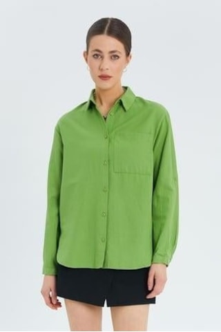 Mixray 9942 Kadın Oxford Uzun Kol Basic Gömlek Fıstık Yeşili