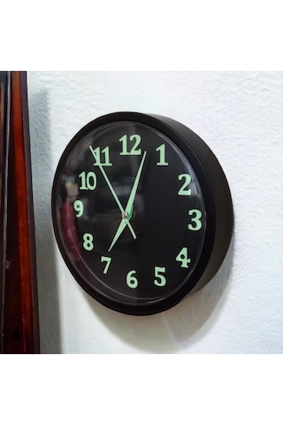 Fosforlu Gece Parlayan Siyah Salon Mutfak Ofis Duvar Saati 22 Cm Siyah