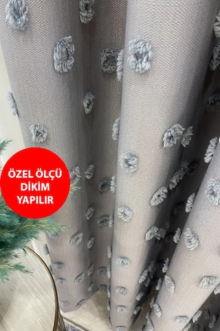 Fon Perde Gri Pufy Püsküllü, Ponponlu, Perde Sık Pileli Keten Pano Fon Tek Kanat Gri