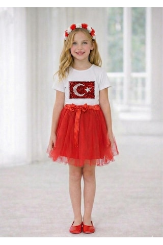 Nacar Store Kız Çocuk Ayyıldız Pullu Bayrak Desenli Gösteri Takımı 23 Nisan Ve Özel Bayramlar Kırmızı