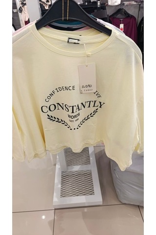 Kadın Kısa Oversize Baskılı T-shirt Sarı