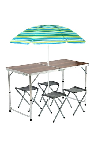 Funky Chaırs Şemsiyeli Tabureli Katlanabilir Piknik Masası Seti - Kahverengi