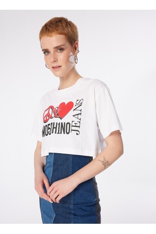 Moschino Jeans Beyaz Kadın Yuvarlak Yaka Baskılı T-shirt 241k1j0703