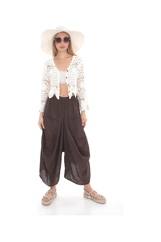 Bohem Stil İtalyan Cepli Keten Şalvar Pantolon Cmn00154 Kahverengi