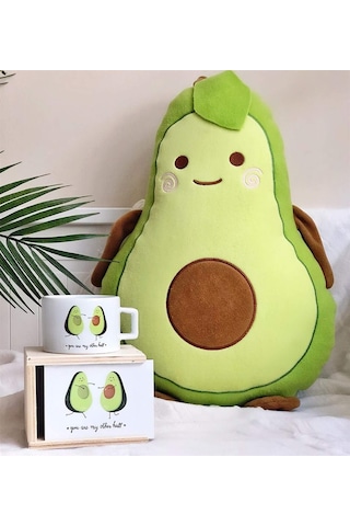 Giftmoda Avokado Tasarımlı Sen Benim Diğer Yarımsın Yastık Ve Ahşap Kutulu Kupa Hediye Seti