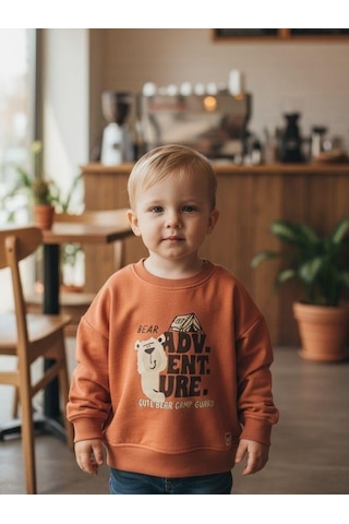 Zekids Erkek Bebek Ayıcık Desenli İnce Uzun Kollu T-shirt-16346 Kahverengi