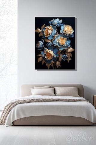 Dikeytekli Kanvas Modern Tablo Ev Ofis 3d Gold Efekt Mavi Ve Krem Şakayıklar Çiçek 2123
