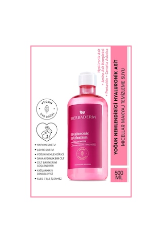 Herbaderm Hyaluronic Hydration Yoğun Nemlendirici Micellar Makyaj Temizleme Suyu 500 ML