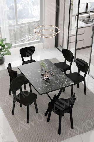 Avvio Mida Elma Sandalye 80x140 Yemek Masası Mutfak Masası 6 Kişilik Masa Sandalye Takım Siyah Mermer