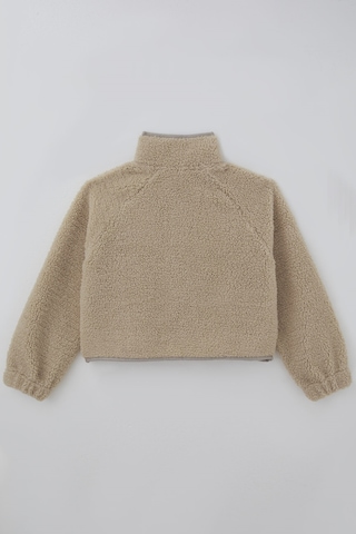 Orko Kız Çocuk Peluş Crop Hırka Kontrast Şerit & Dekoratif Yazı Arma Detaylı Fermuarlı 10-16 Yaş , Bej