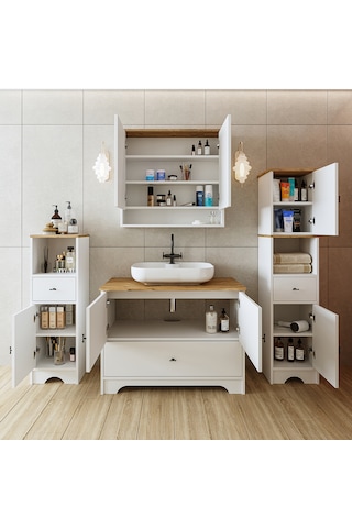 Oval Lavabolu Mdf 100 Cm Çekmeceli Banyo Dolabı Atlantik Çam - Beyaz