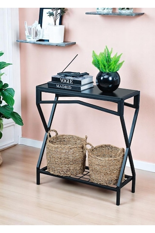 Metal Dresuar Siyah Ahşap Raflı Stand Çok Amaçlı Salon & Hol Rafı Siyah