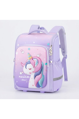 Unicorn 3D Desenli Kız Çocuk Kreş ve Anaokulu Okul Çantası Mor Açık Pembe