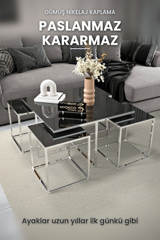 MİLAN 5 Parça Gümüş Zigon Sehpa Takımı Orta Sehpa Yan Sehpa siyah Cam Kurulu Hediye 75x75