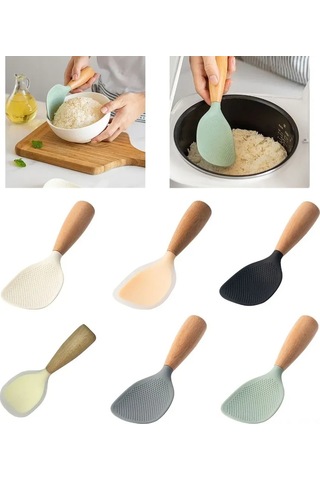Fosenze Yemek Grubu Silikon + Ahşap Pişirme Kaşığı, Isı Dayanıklı, Dikey Konumlanabilir, Gri Renk, 1 Adet Pirinç Ve Yemek Servisi İçin