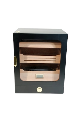 Premiumquality Las Condes Aksesuar Çekmeceli İçi Ledli Siyah Sedir Humidor Puro Kutusu - Tr9827