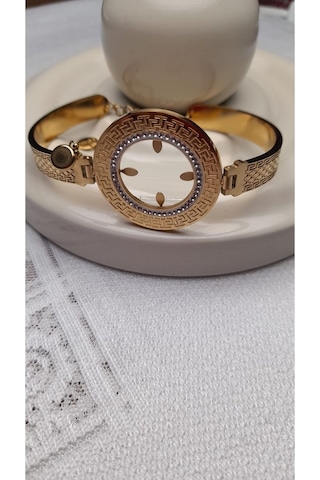 Uzel Çelik Gold Altın Renk Işlemeli, Taşlı, Çeyrek Altın Takılabilen Çelik Bileklik